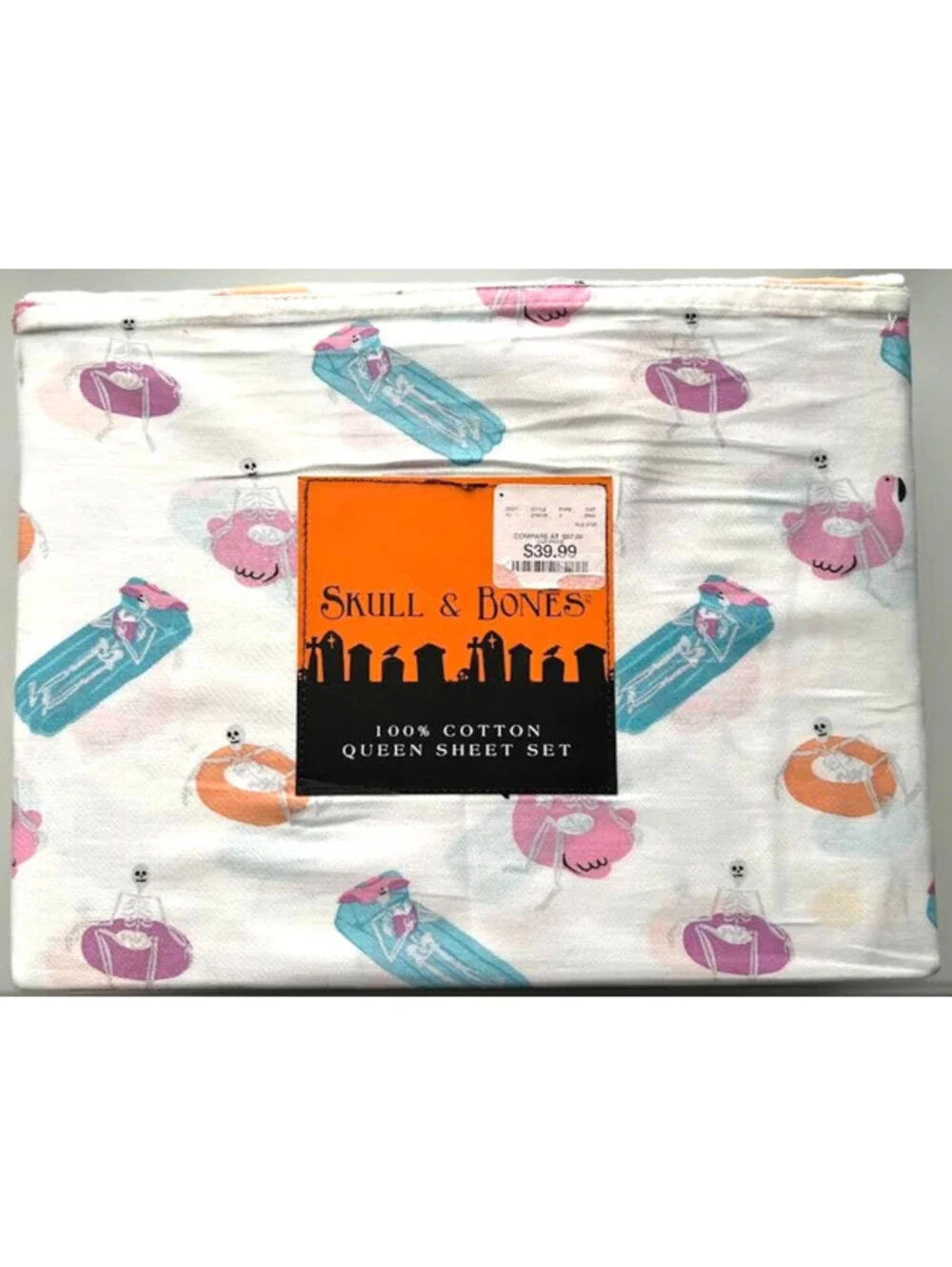 Skull and Bones Halloween Queen Sheet Set-Skeleton Pool Float-100% Cotton